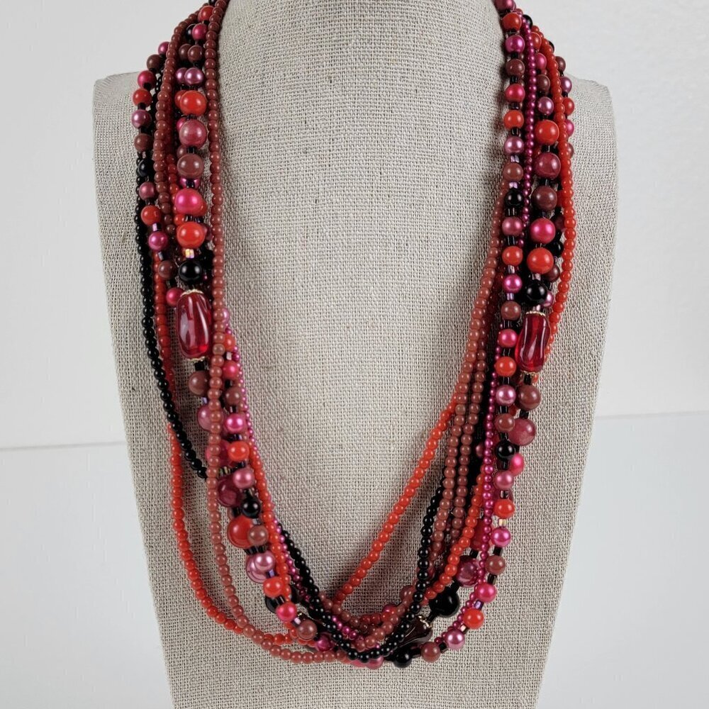 Vtg. Black Pink Red Multi-Strand Lucite Beaded Necklace Hidden Box Clasp 21 In